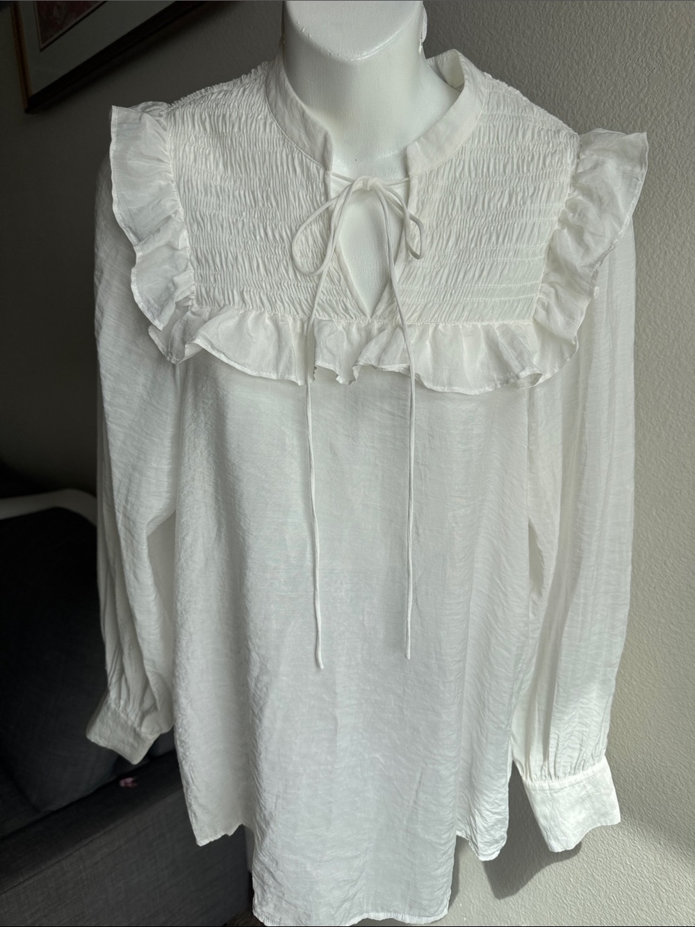 H&M White Smocked Ruffle Yoke Tie-Neck Blouse
